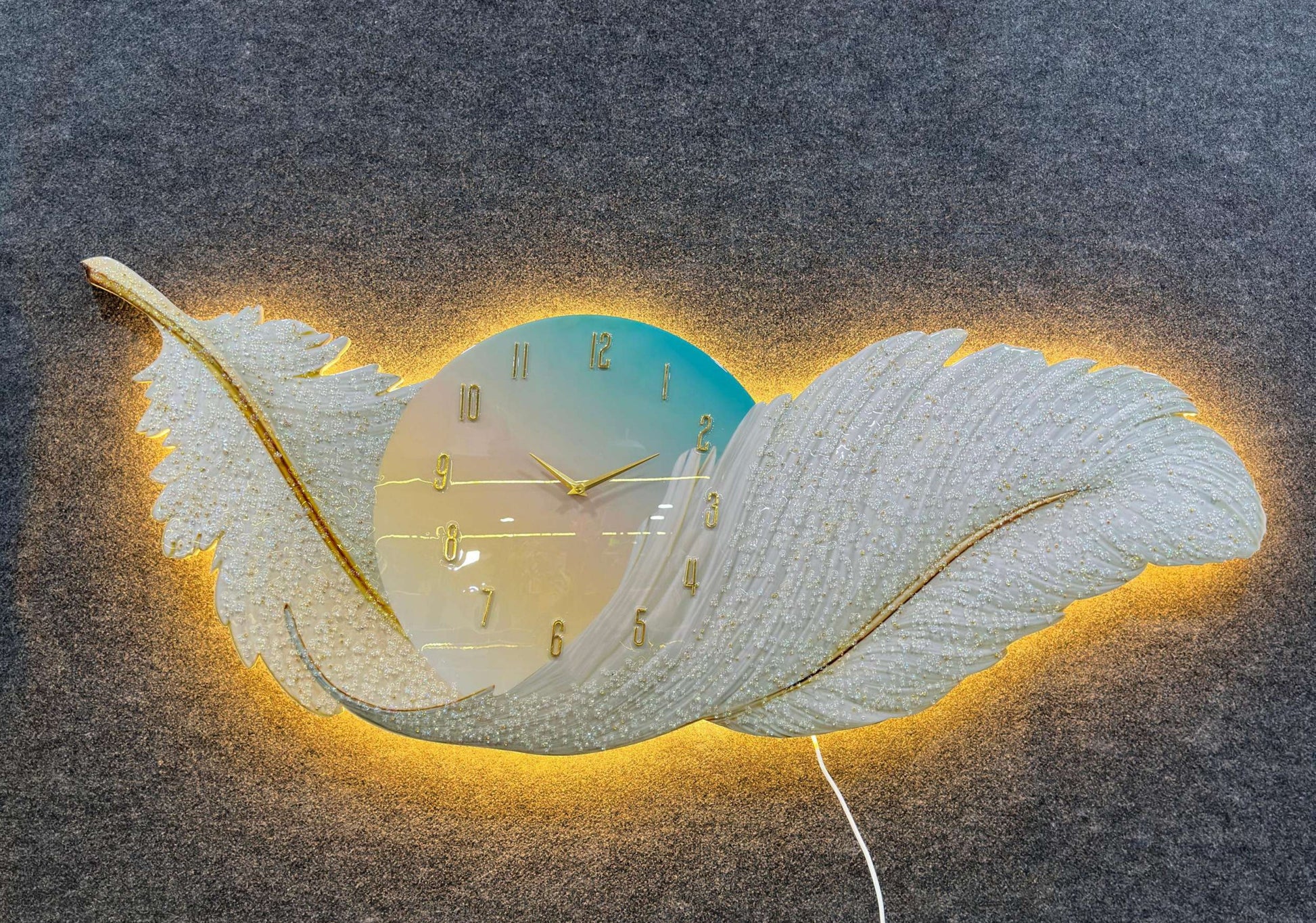 White-Blue Feather wall clock with LED for home decor|60X150 cm
