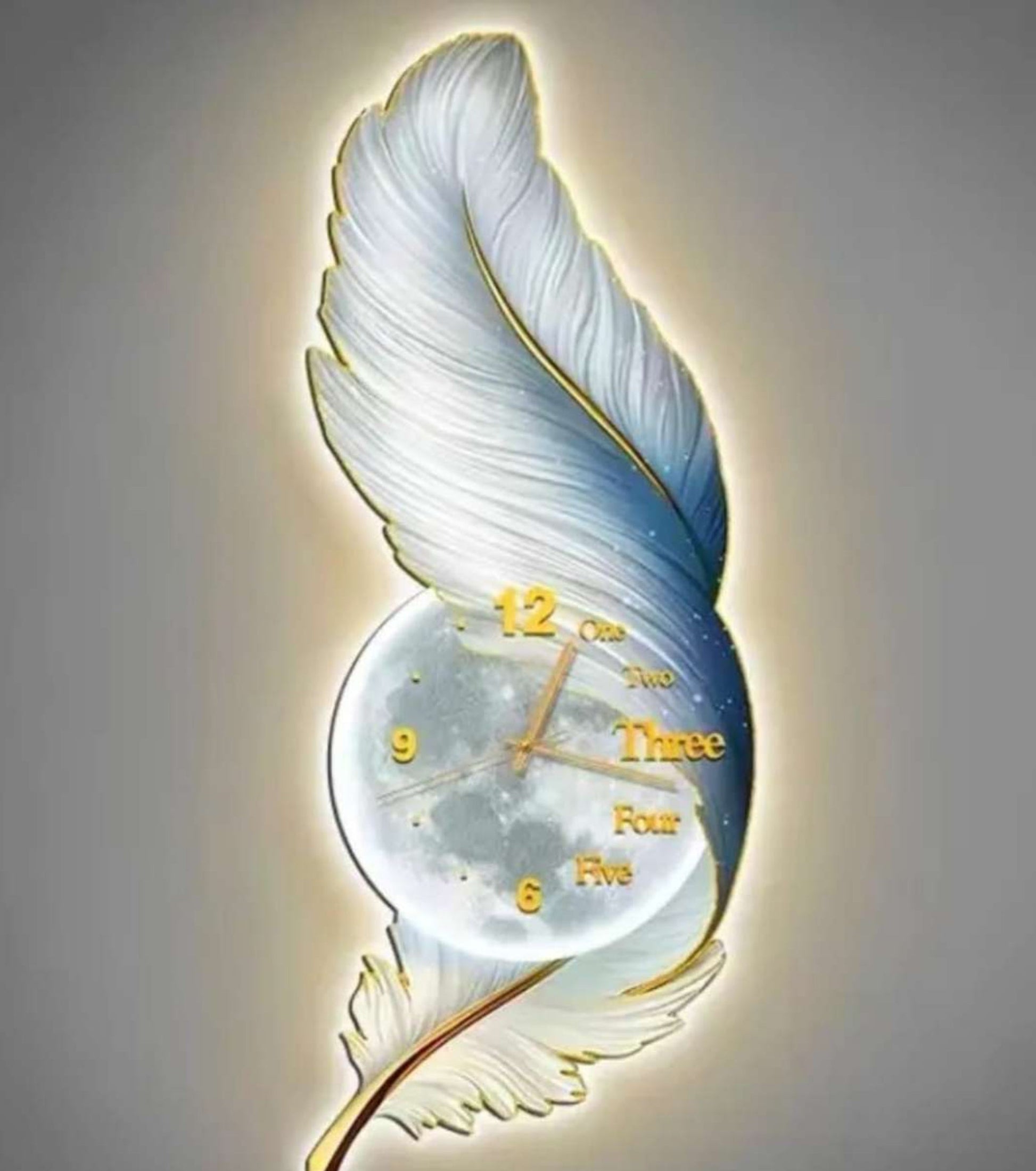 3D LED wall art with clock for living room vertical design| Feather| 60x150cm