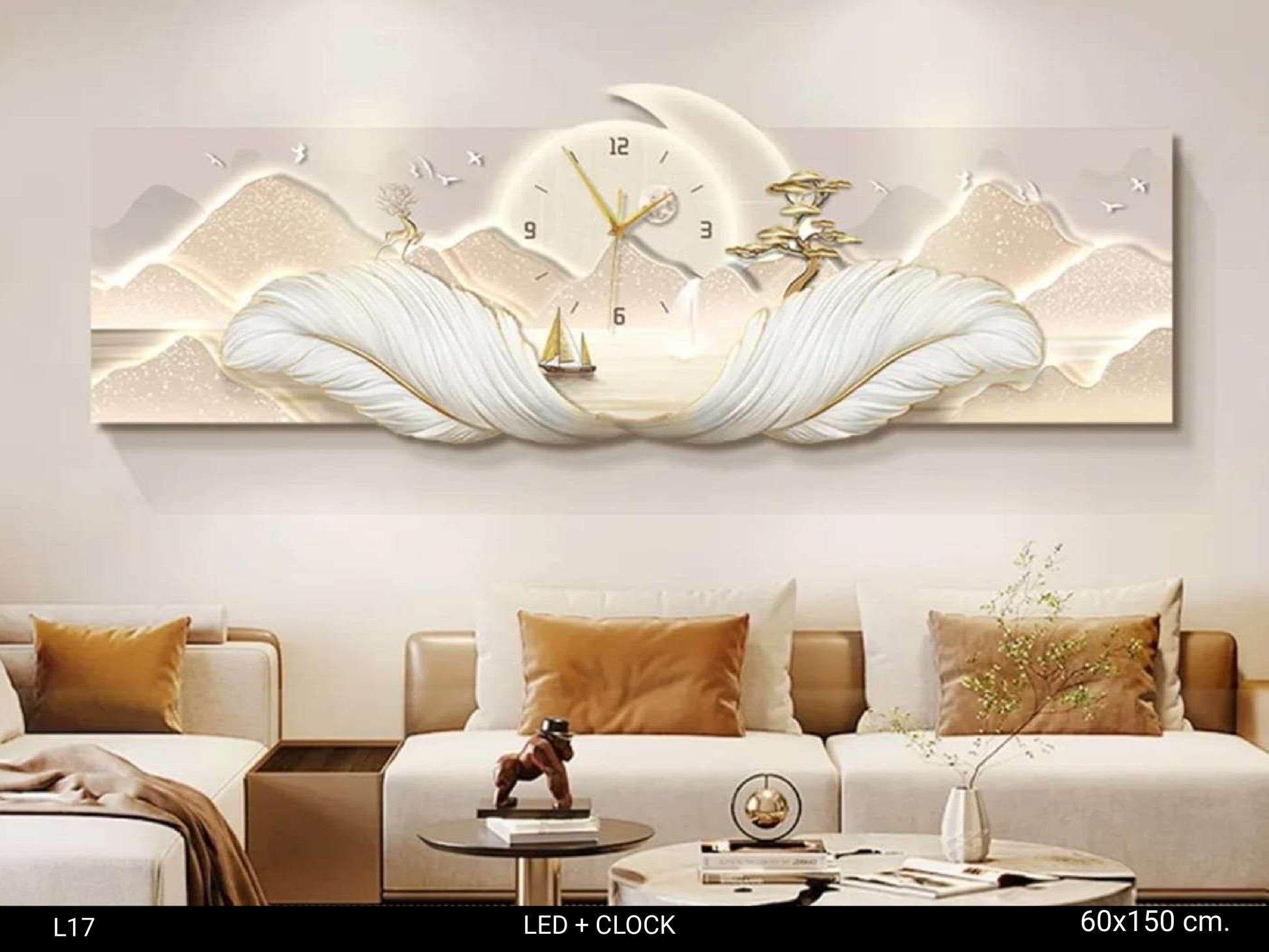 Decorative wall clock with LED lights on a living room wall