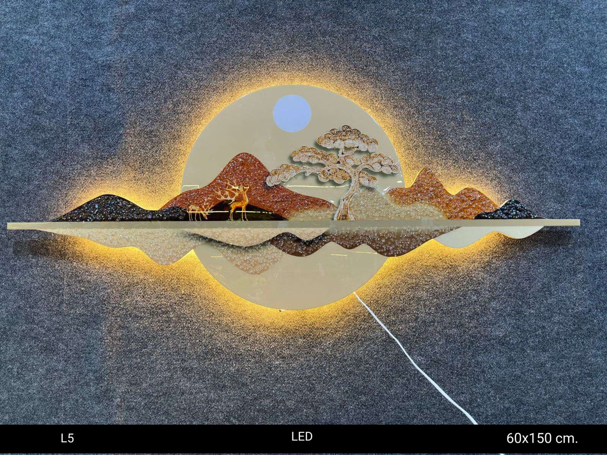 Stunning Deer-Moon-Mountain landscape| 3D LED large Wall art for living room|60x150 cm
