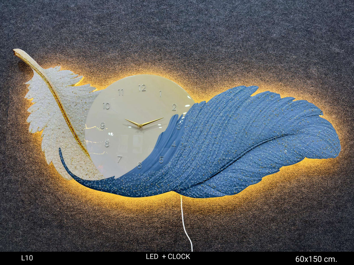 Blue Feather wall clock with LED for home decor|60X150 cm