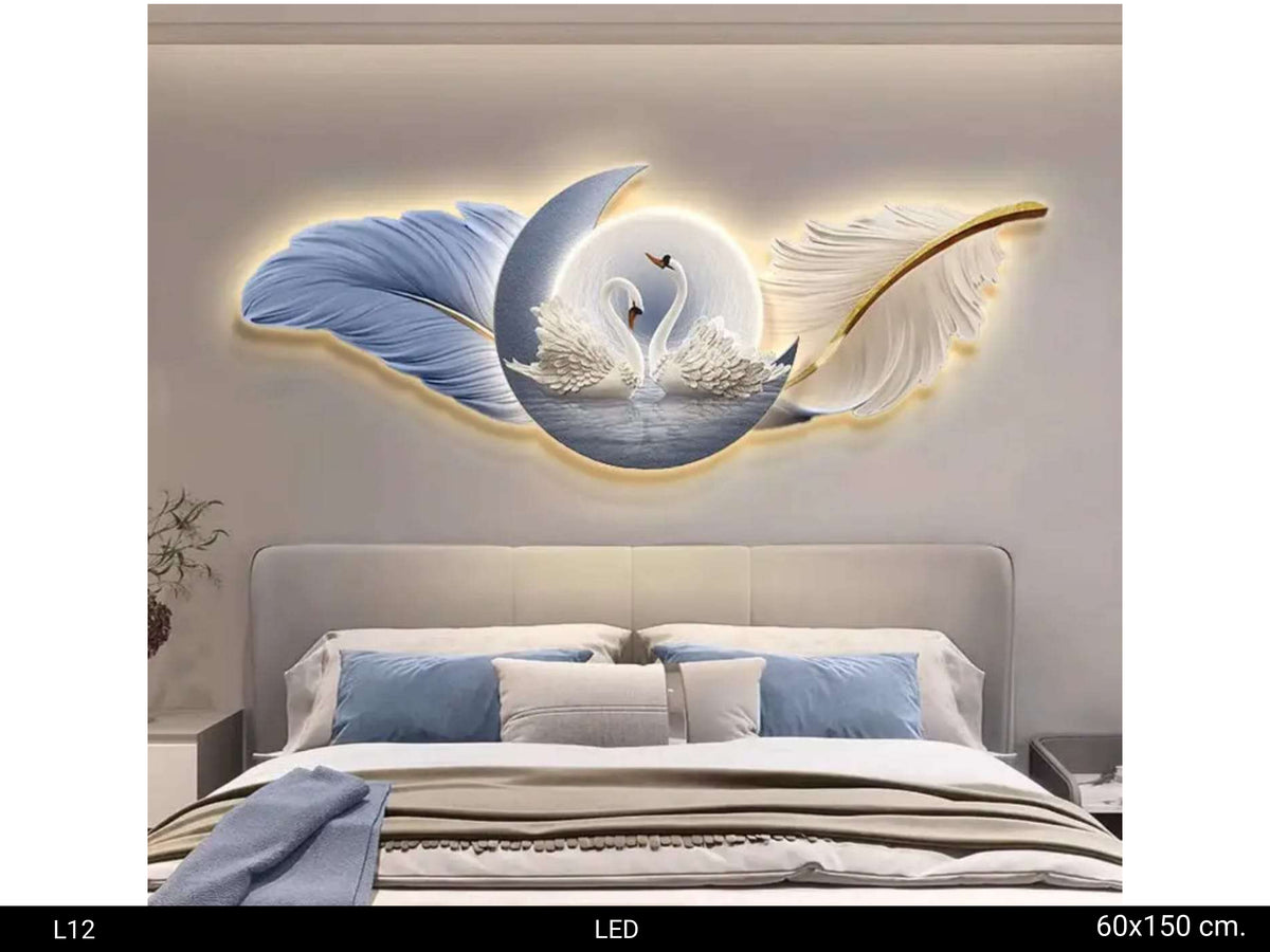 Stunning White-Blue swan pair + Moon landscape | 3D LED large Wall art for living room|60x150 cm