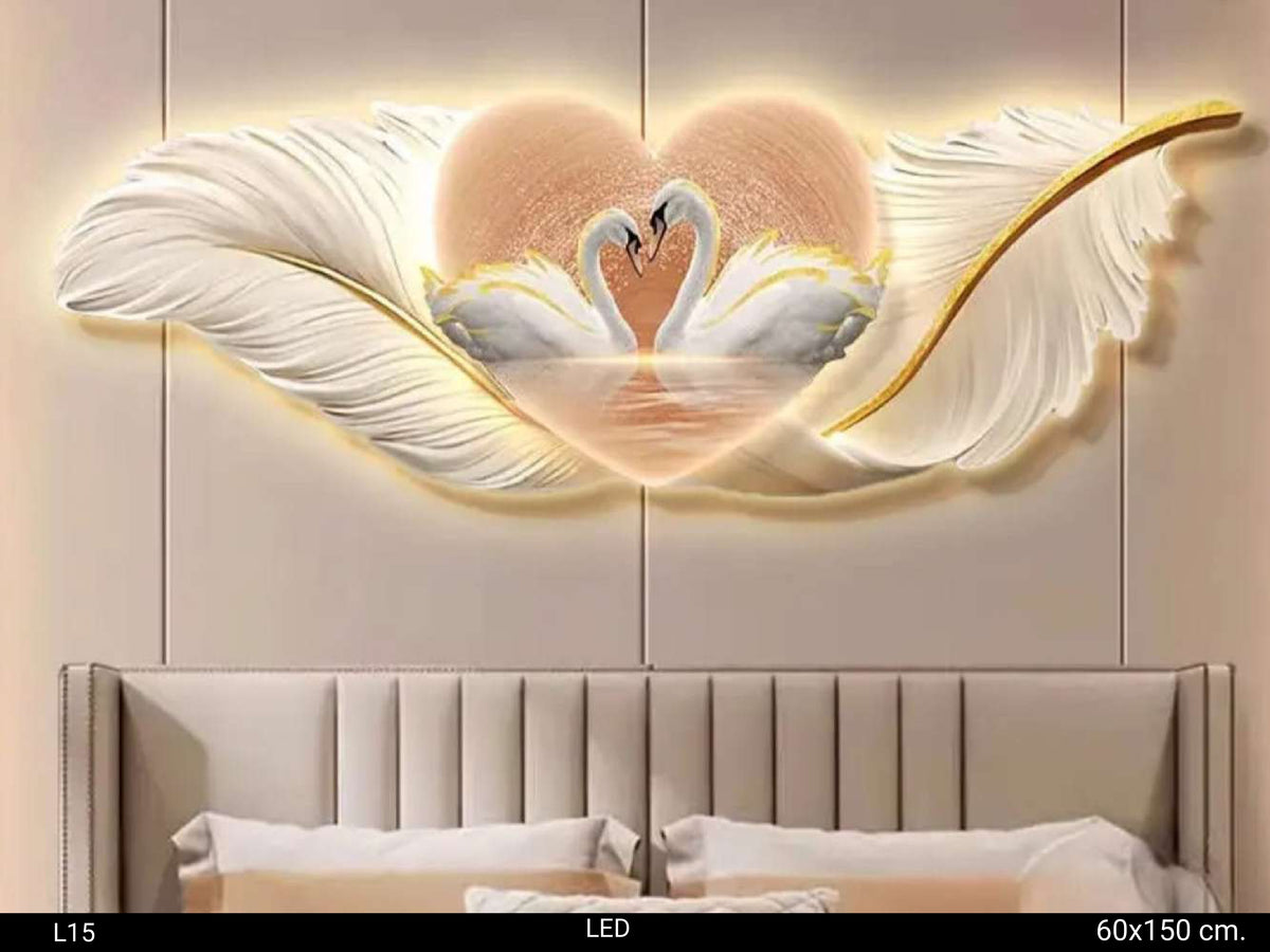 Stunning White swan pair + 3D Heart shaped  landscape | 3D LED large Wall art for living room|60x150 cm