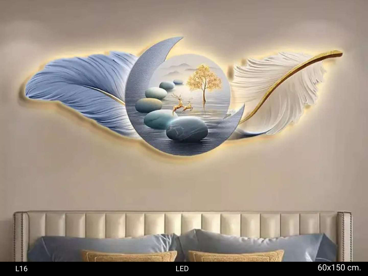 White-Blue Feather with Moon-Deer landscape | 3D LED large Wall art for living room|60x150 cm