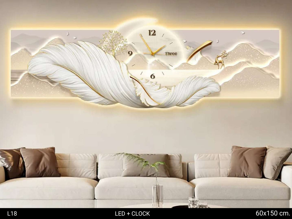 3D LED wall art with clock for living room| Moon| Mountain| White-Gold|Feather|60x150cm