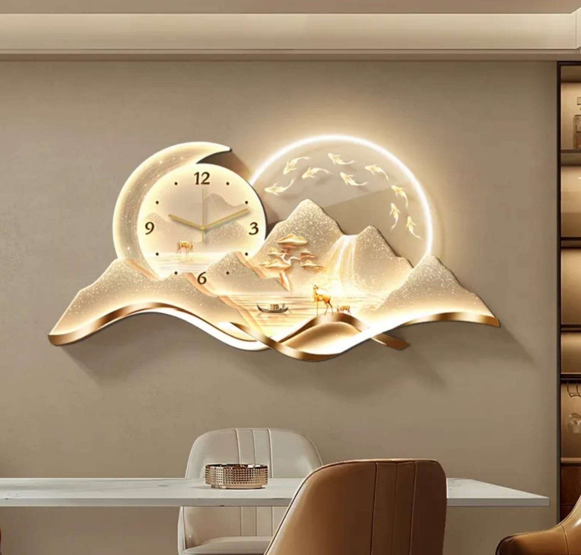 3D LED wall art with clock| Moon| Mountain| waterfall| 60x150cm