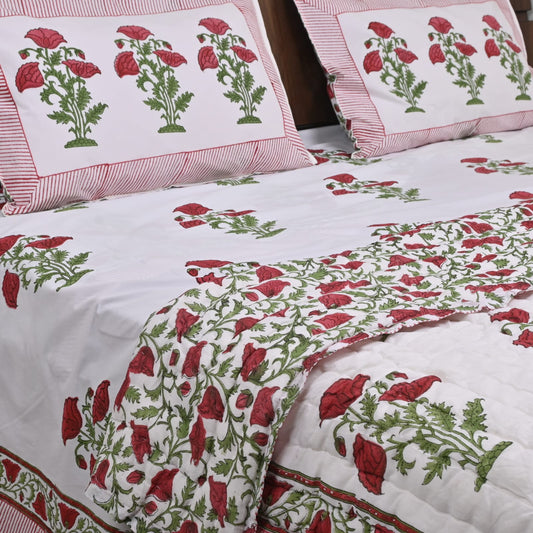 Red Floral Hand blocked Double Bed Sheet |Premium 250 TC Percale Cotton King size(90x108 inches )