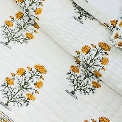 Double Bed Reversible  Quilt| Marigold Hand-block Printed | Double Bed Mul-Cotton Hand Quilted 7.5 feetx9feet | Jaipuri Quilt| Mulmul Blanket