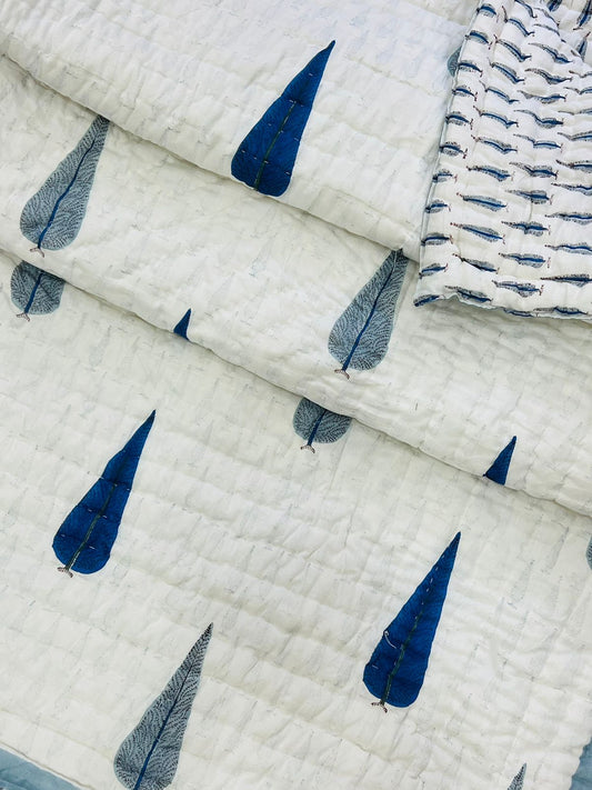 Double Bed Quilt |Mughal Blue Leaves Hand-block Printed Reversible | Double Bed Mul-Cotton Hand Quilted Razai 7.5 feet x 9 feet | Jaipuri Quilt| Mulmul Blanket