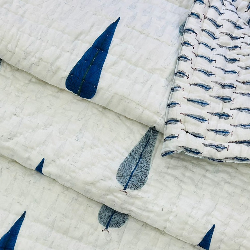 Double Bed Quilt |Mughal Blue Leaves Hand-block Printed Reversible | Double Bed Mul-Cotton Hand Quilted Razai 7.5 feet x 9 feet | Jaipuri Quilt| Mulmul Blanket