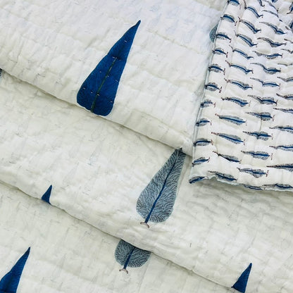 Double Bed Quilt |Mughal Blue Leaves Hand-block Printed Reversible | Double Bed Mul-Cotton Hand Quilted Razai 7.5 feet x 9 feet | Jaipuri Quilt| Mulmul Blanket