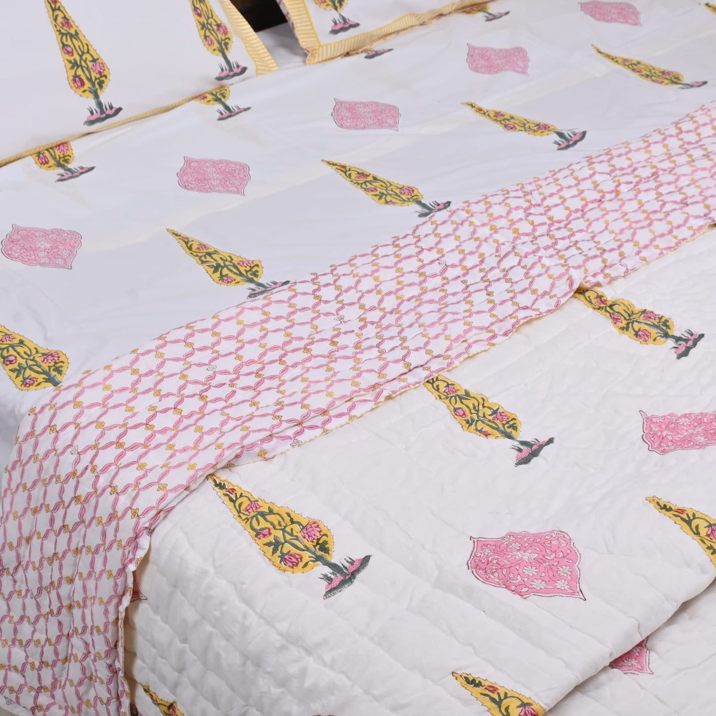 Pink Hand blocked Double Bed Sheet |Premium 250 TC Percale Cotton King size(90x108 inches )