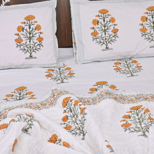 Orange Marigold Hand blocked Double Bed Sheet |Premium 250 TC Percale Cotton King size(90x108 inches )