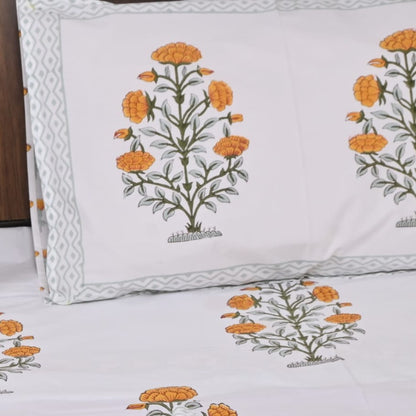 Orange Marigold Hand blocked Double Bed Sheet |Premium 250 TC Percale Cotton King size(90x108 inches )