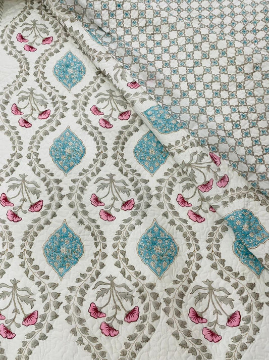 Mughal Jaal Hand blocked Double Bed Reversible  Bed Cover with two Quilted pillow covers in Pure Mumul cotton-90 x 108 inches