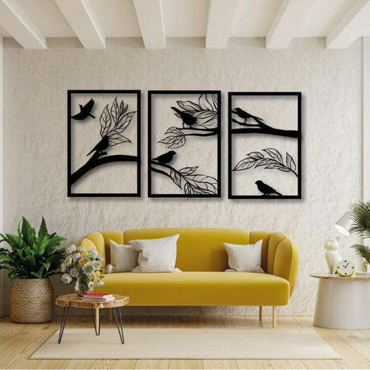 Bird song Bliss – 3 Piece Tree Branch Metal Wall Art (18X24)"INCH| Customizable
