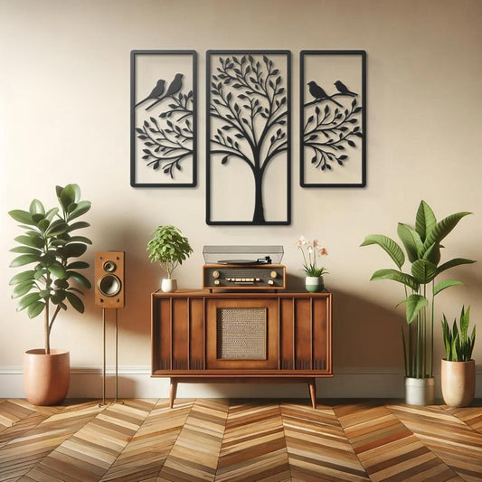 Whispering Branches – 3-Panel Tree & Birds Wall Art (16X30"INCH| Customizable