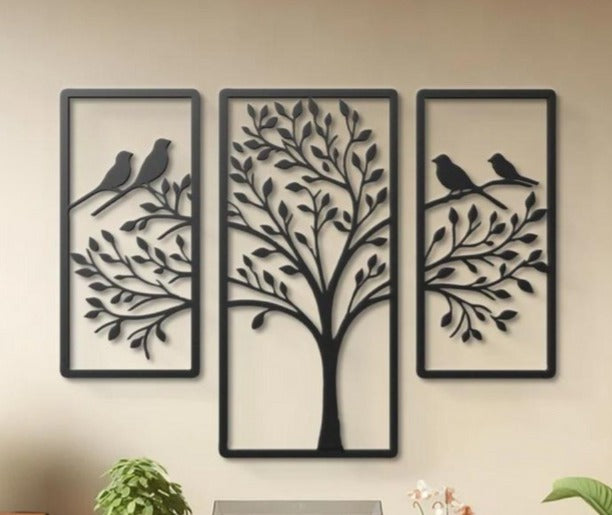 Whispering Branches – 3-Panel Tree & Birds Wall Art (16X30"INCH| Customizable