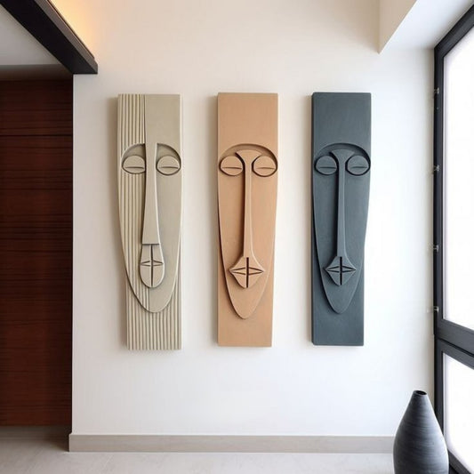 Minimal Tribal Face Wall Panels – Set of Three (36X11)"INCH | Customizable