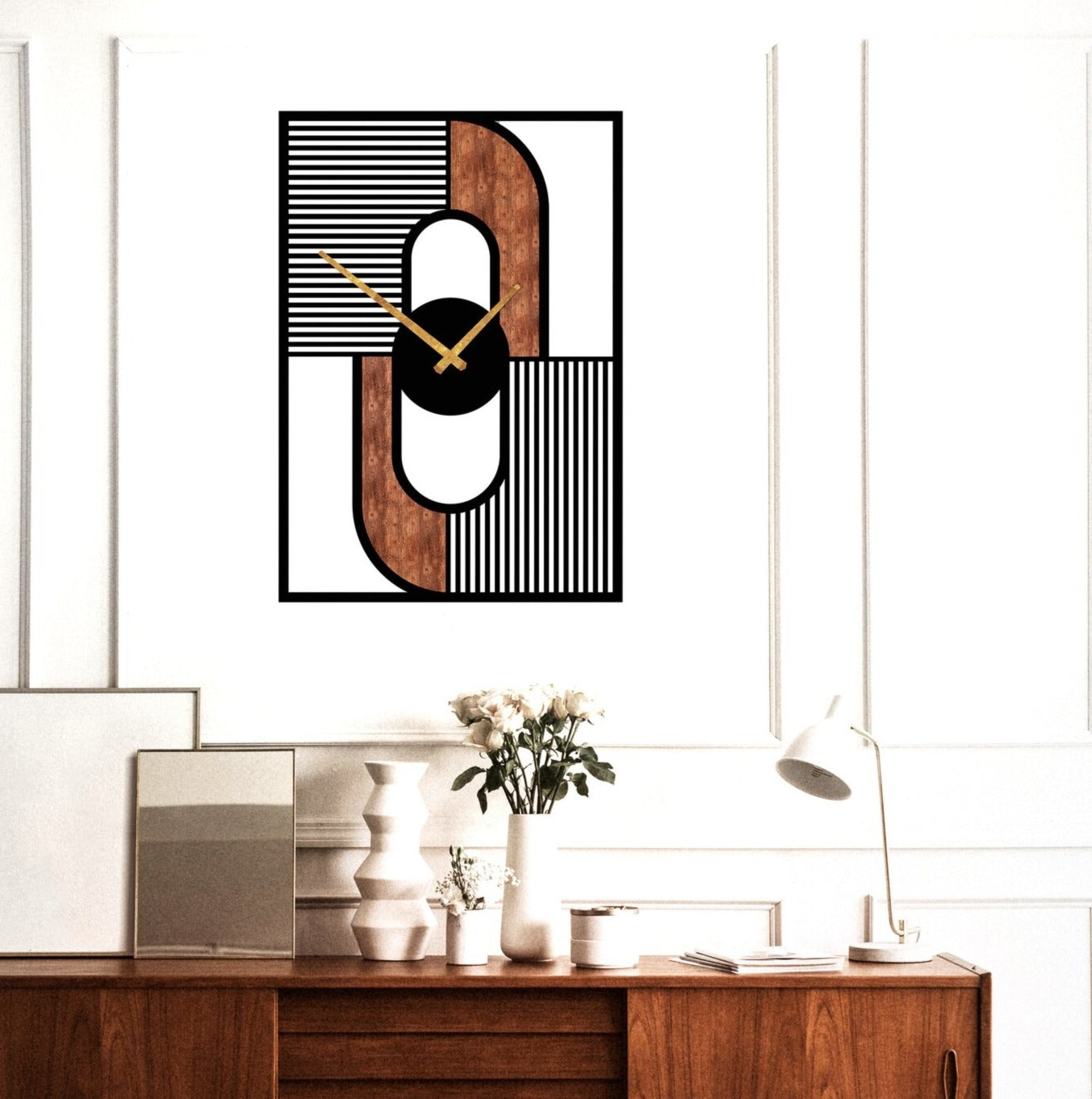 RusticFrame – Designer Wood & Line Clock(15X20",18X24)"INCH| Silent quartz| Customizable