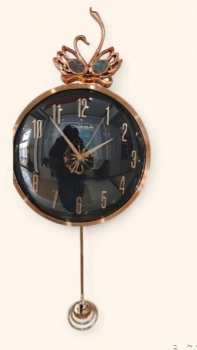 Royal Swan - Black & Gold Luxury Pendulum Wall Clock for Home||35cm