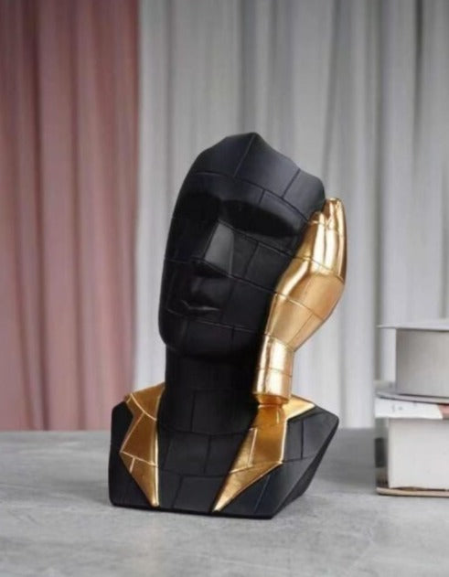 "Modern Abstract Thinker Sculpture – Black & Gold"||13X19CM