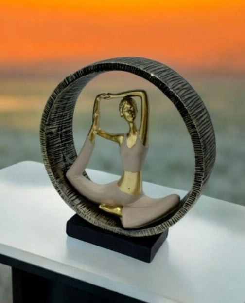 "Zen Circle Yoga Lady Sculpture – Gold & Beige Decor"||22X24CM