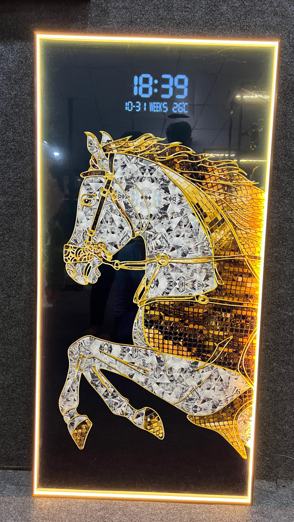 Stunning digital clock with LED wall art| 120x60 cm| Gold Silver Horse