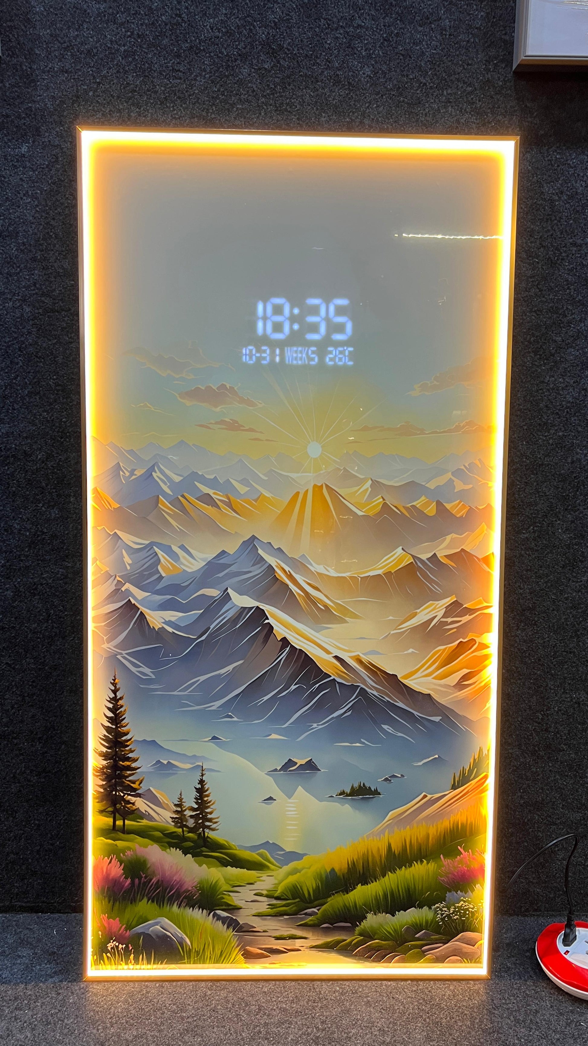 Stunning digital clock with LED wall art| 120x60 cm| Sunrise Mountain landscape