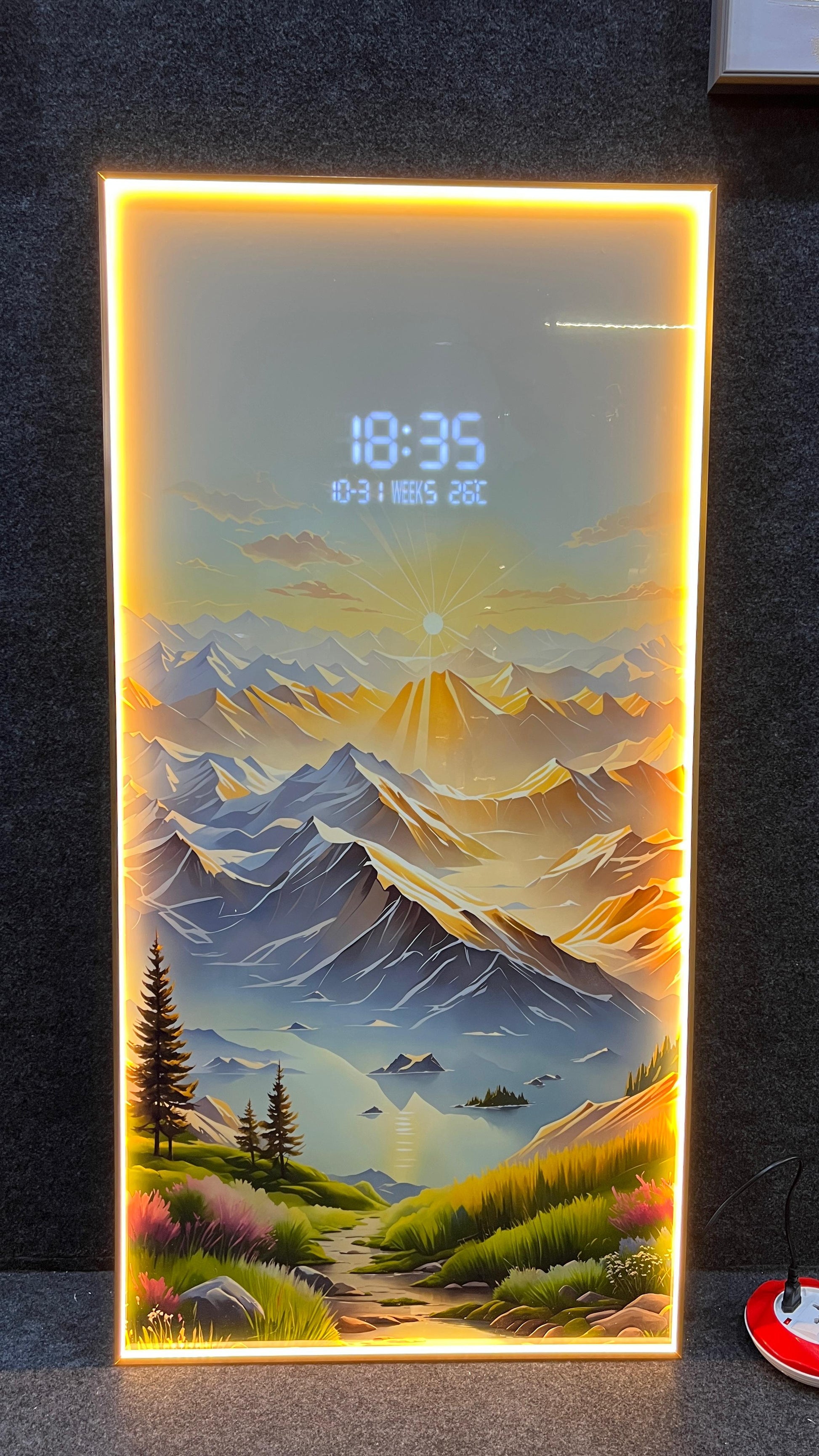 Stunning digital clock with LED wall art| 120x60 cm| Sunrise Mountain landscape
