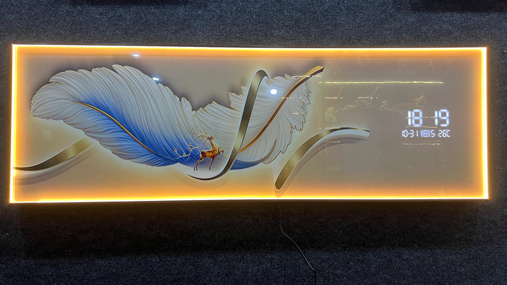 Stunning digital clock with LED wall art| 150x50 cm| Blue-White Feather with Deer
