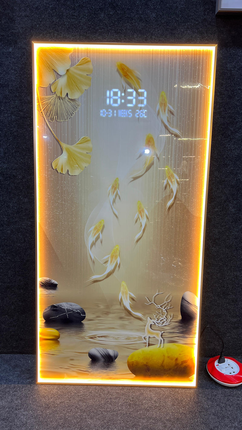 Stunning digital clock with LED wall art| 120x60 cm| Gold koi fish with Deer