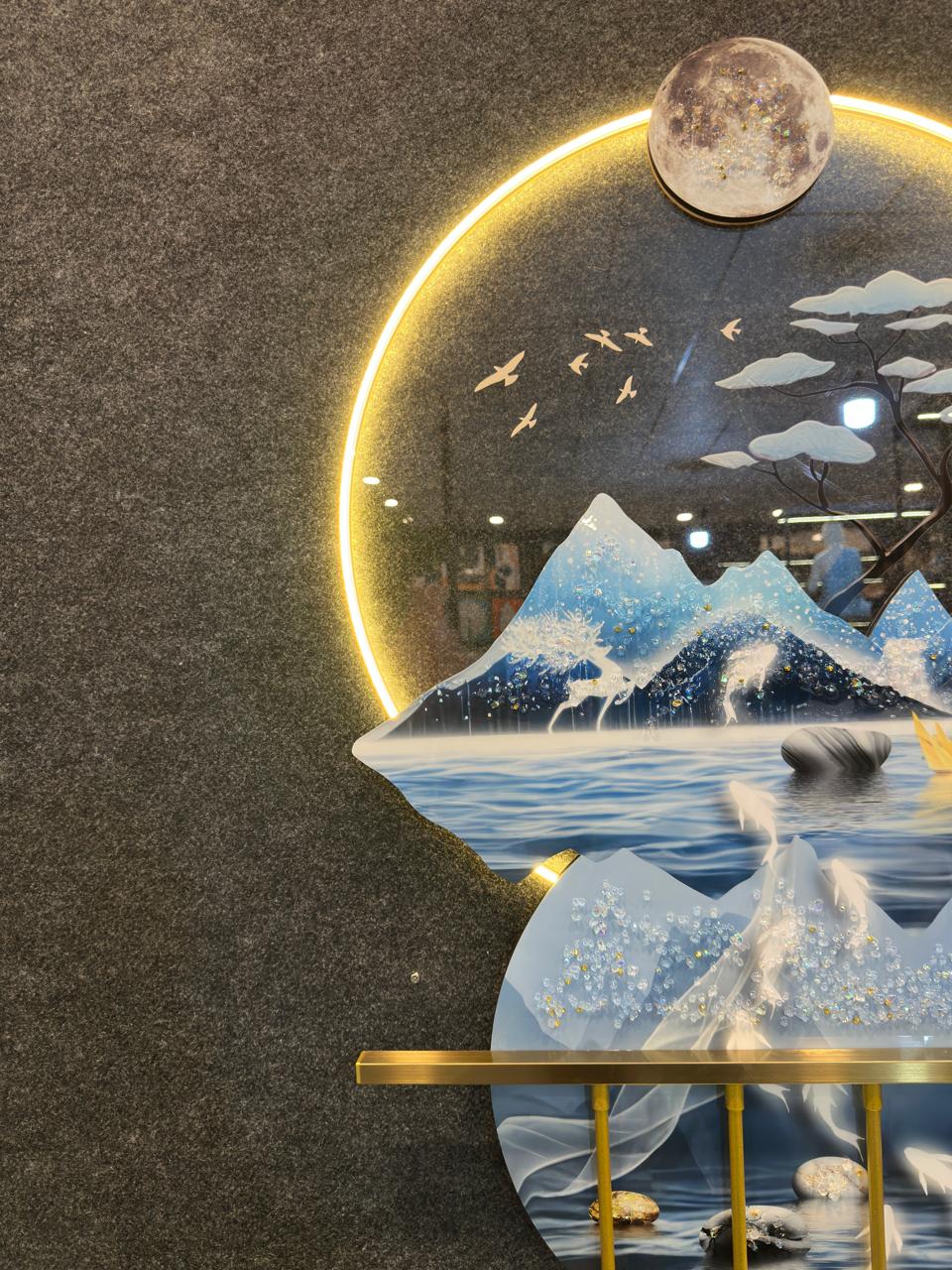 4x2 Feet| 3D LED round Metal wall art with crystals & lamp| Mountain| Fish| Blue-White