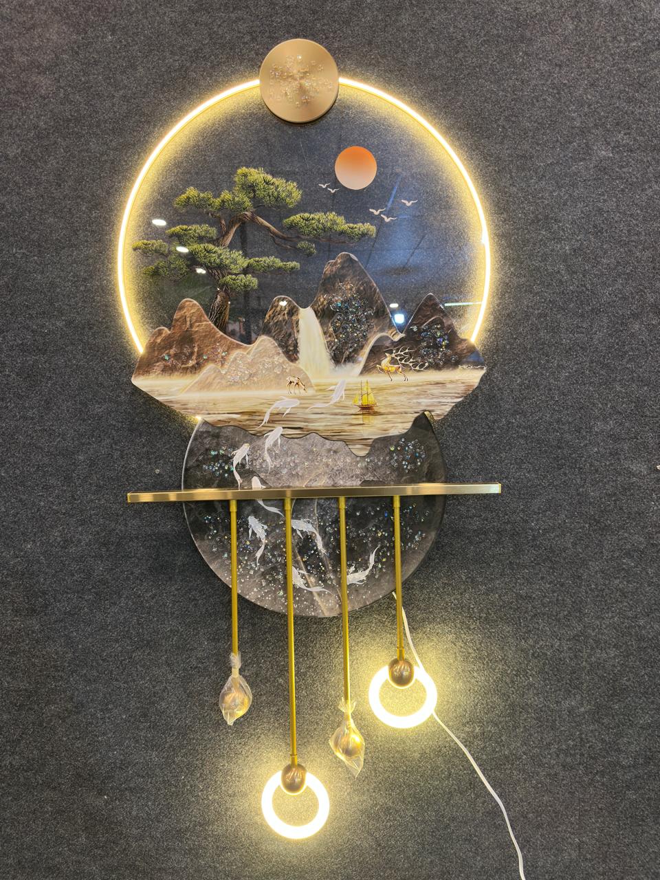 4x2 Feet| 3D LED round Metal wall art with crystals & lamp| Mountain and waterfall