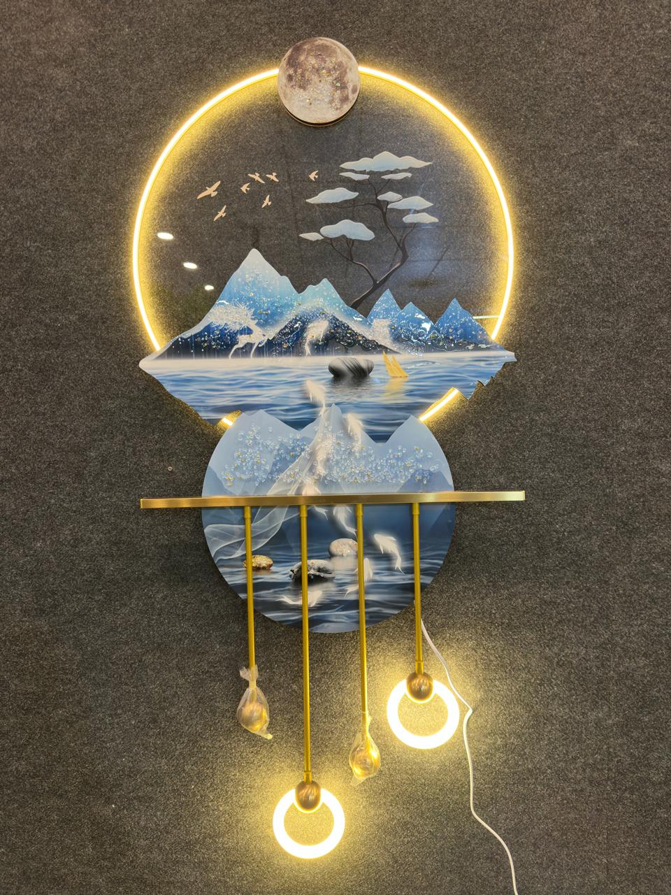 4x2 Feet| 3D LED round Metal wall art with crystals & lamp| Mountain| Fish| Blue-White