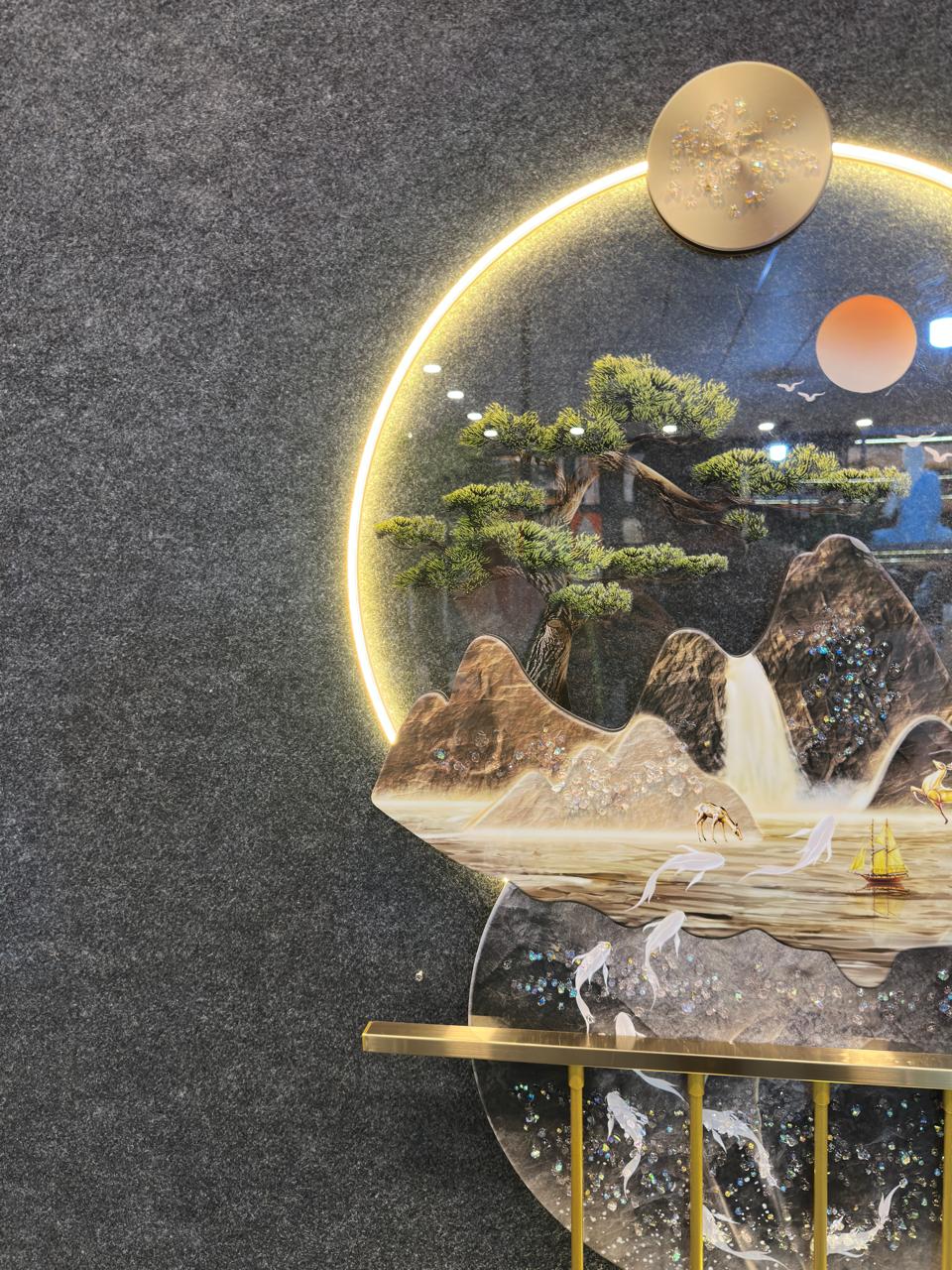 4x2 Feet| 3D LED round Metal wall art with crystals & lamp| Mountain and waterfall