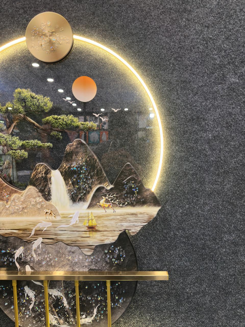 4x2 Feet| 3D LED round Metal wall art with crystals & lamp| Mountain and waterfall