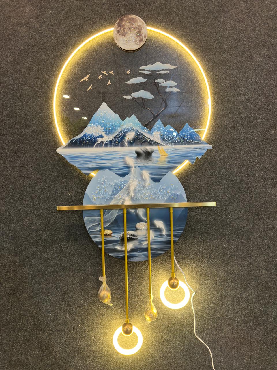 4x2 Feet| 3D LED round Metal wall art with crystals & lamp| Mountain| Fish| Blue-White