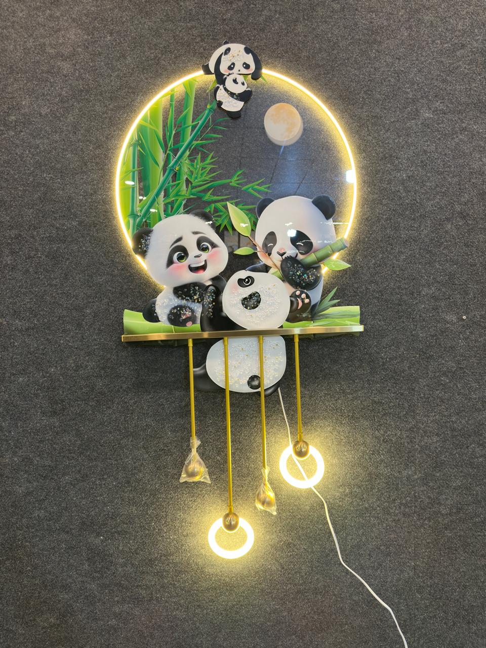 4x2 Feet| 3D LED round Metal wall art with crystals & lamp| Cute Pandas for kids Room