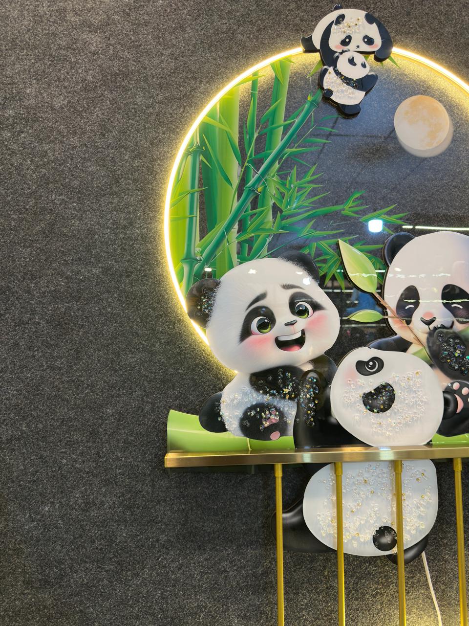 4x2 Feet| 3D LED round Metal wall art with crystals & lamp| Cute Pandas for kids Room