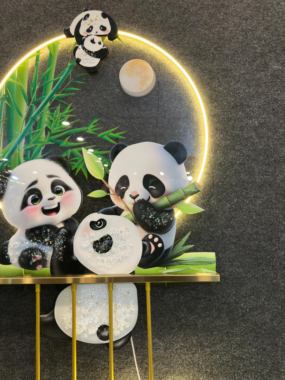 4x2 Feet| 3D LED round Metal wall art with crystals & lamp| Cute Pandas for kids Room