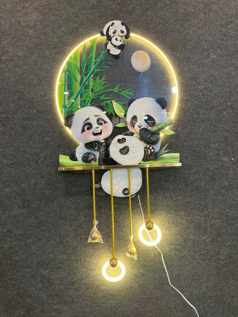 4x2 Feet| 3D LED round Metal wall art with crystals & lamp| Cute Pandas for kids Room