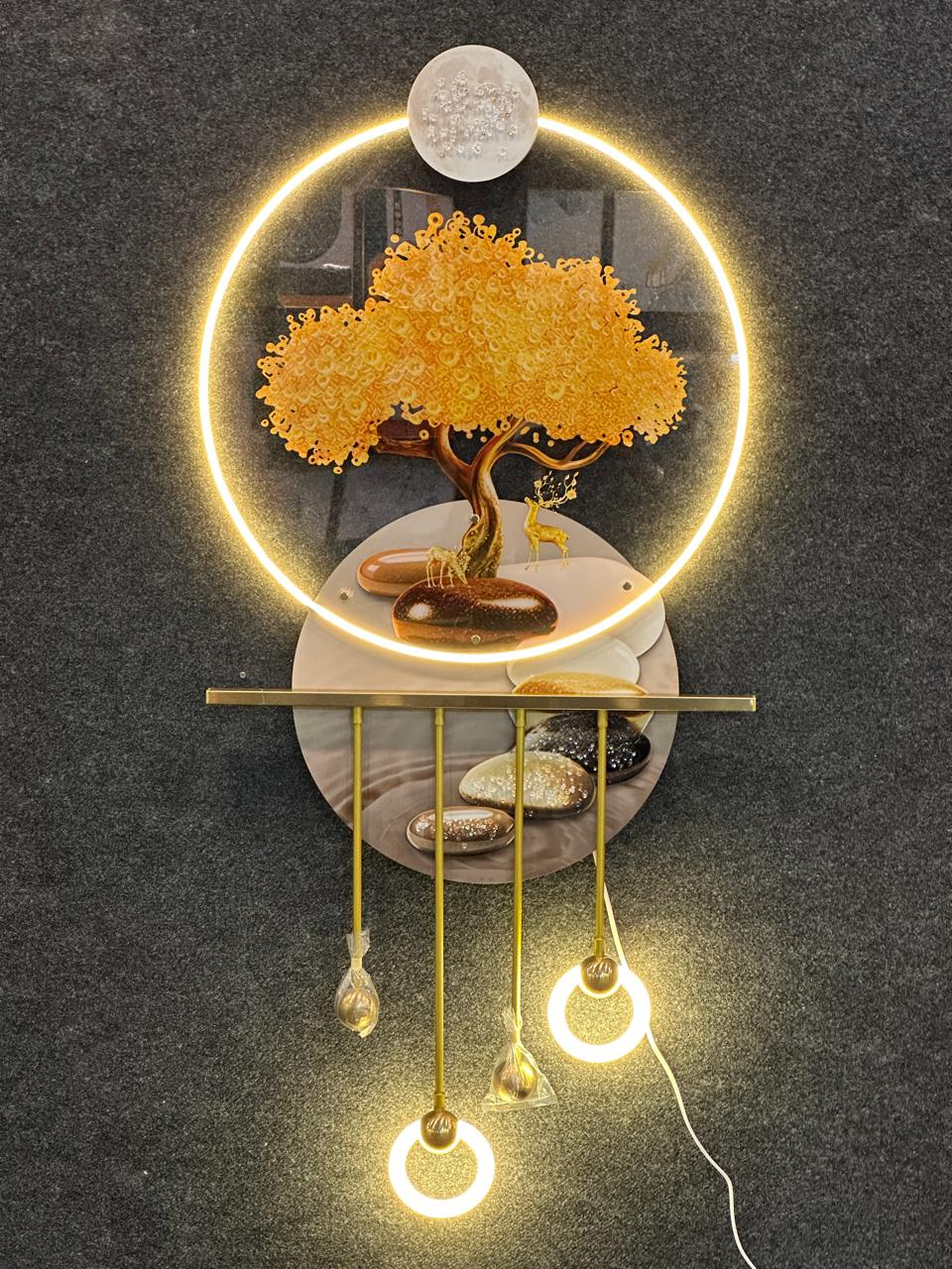 4x2 Feet| 3D LED round Metal wall art with crystals & lamp| Golden Tree