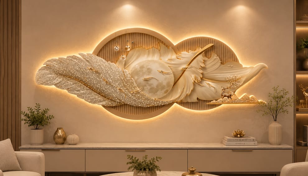 Luxurious 3D LED wall art for living room| Moon|White-Gold|Feather|2X5 FEET