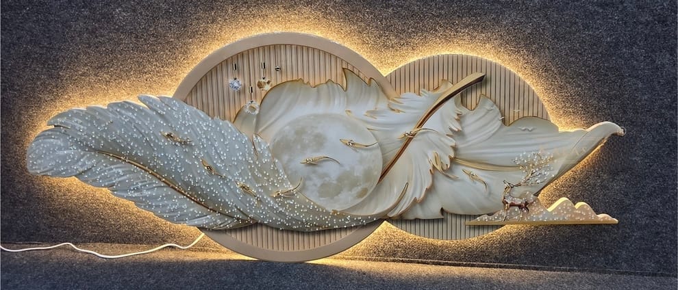 Luxurious 3D LED wall art for living room| Moon|White-Gold|Feather|2X5 FEET