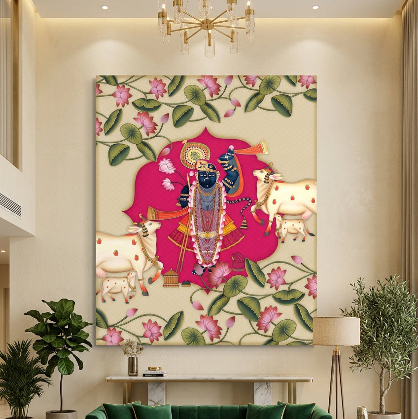 Krishna Cow-Pichwai painting|400 GSM Gallery-Wrapped Canvas on Premium 1.5x1.5 inch Pine Wood Frame
