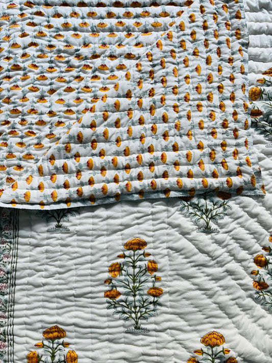 Double Bed Reversible  Quilt| Marigold Hand-block Printed | Double Bed Mul-Cotton Hand Quilted 7.5 feetx9feet | Jaipuri Quilt| Mulmul Blanket