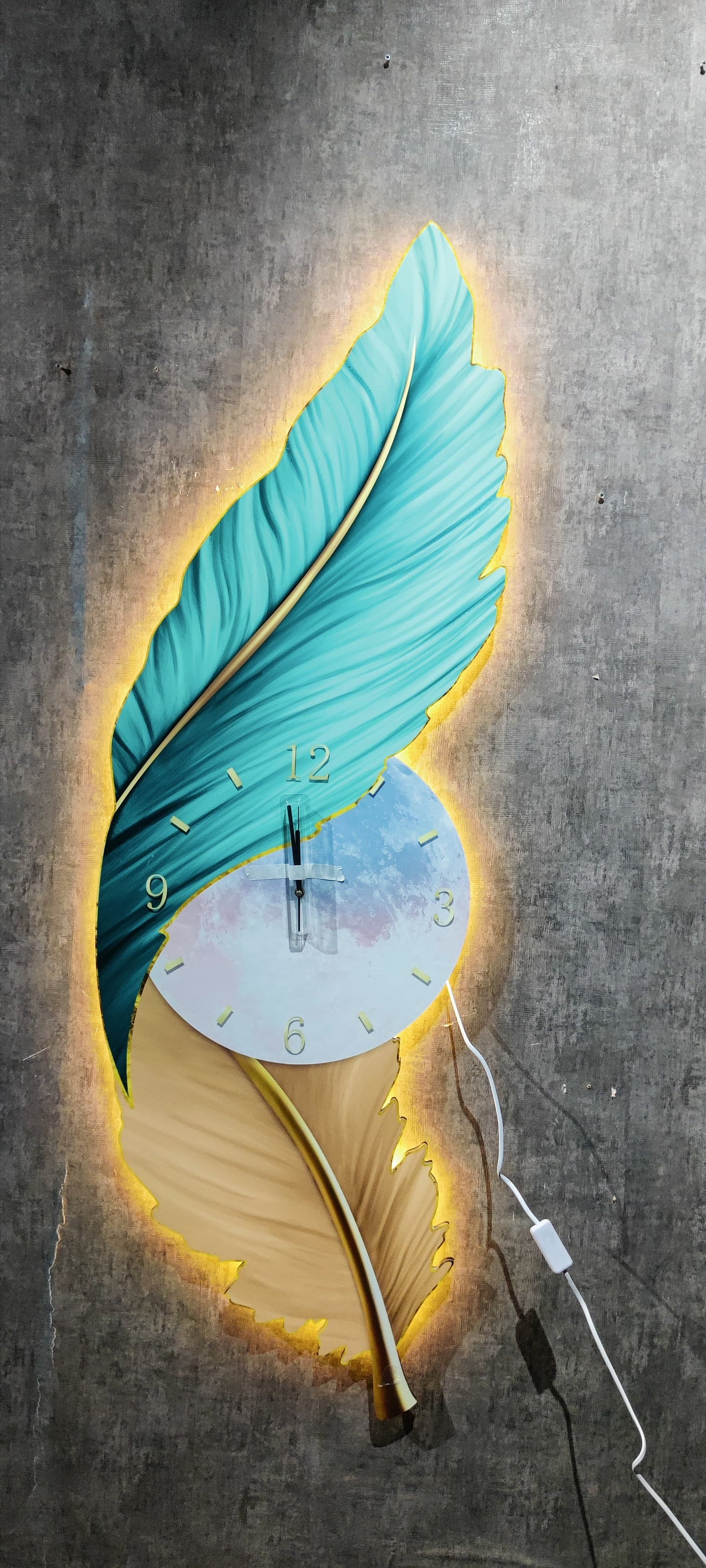 Stunning dual shade feather wall clock with LED Light for living room with remote