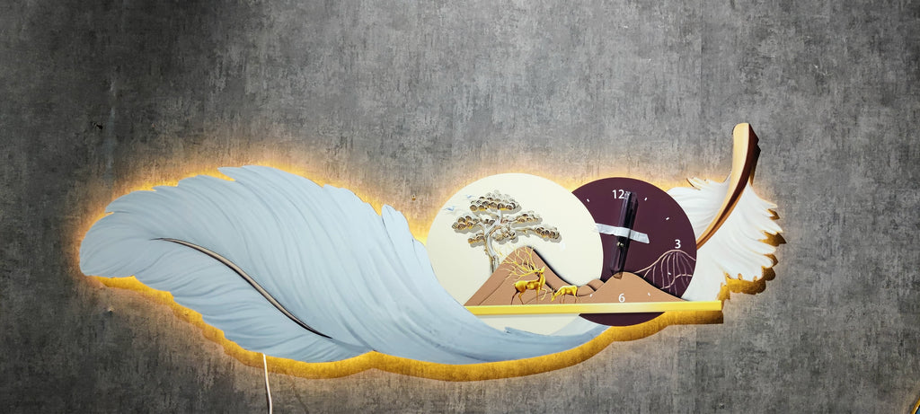 Stunning white feather wall clock with LED Light for living room with remote