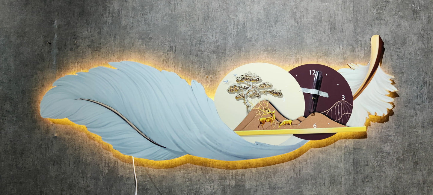 Stunning white feather wall clock with LED Light for living room with remote